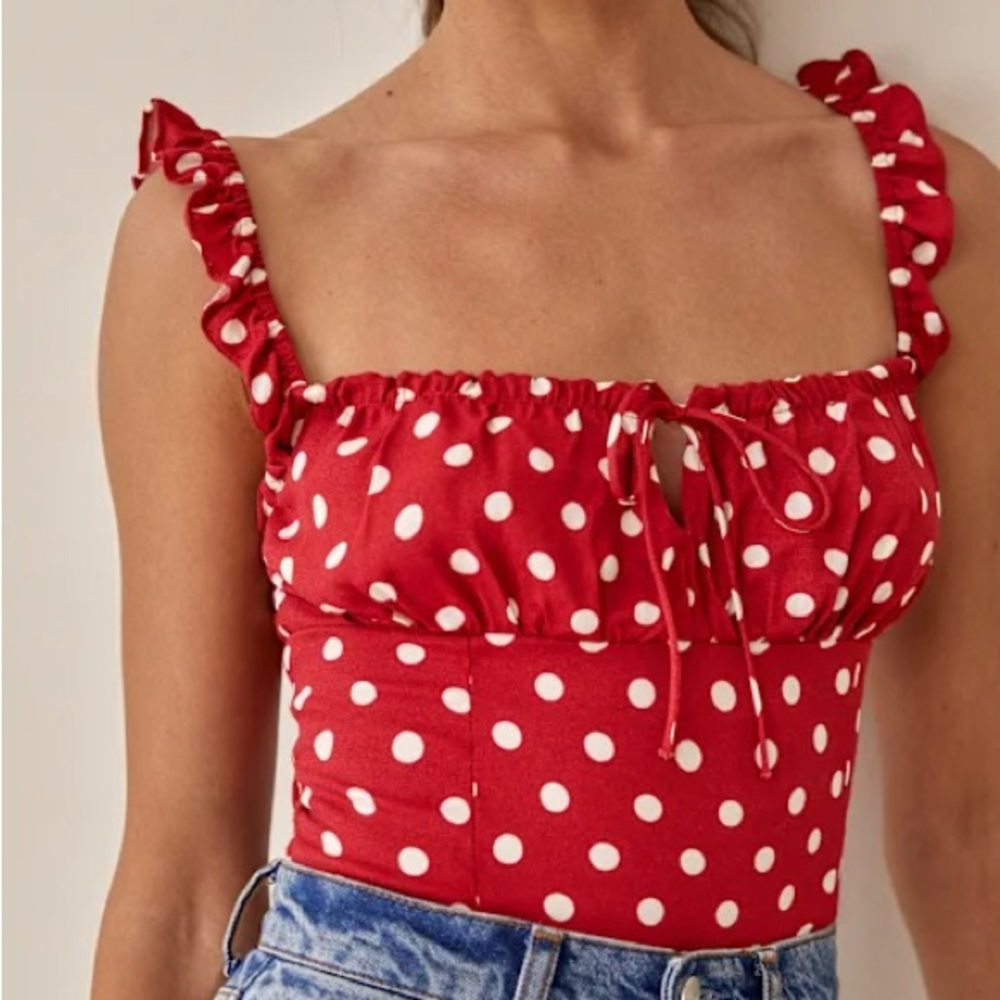 Reformation Scarlet Top with Ivory Dots